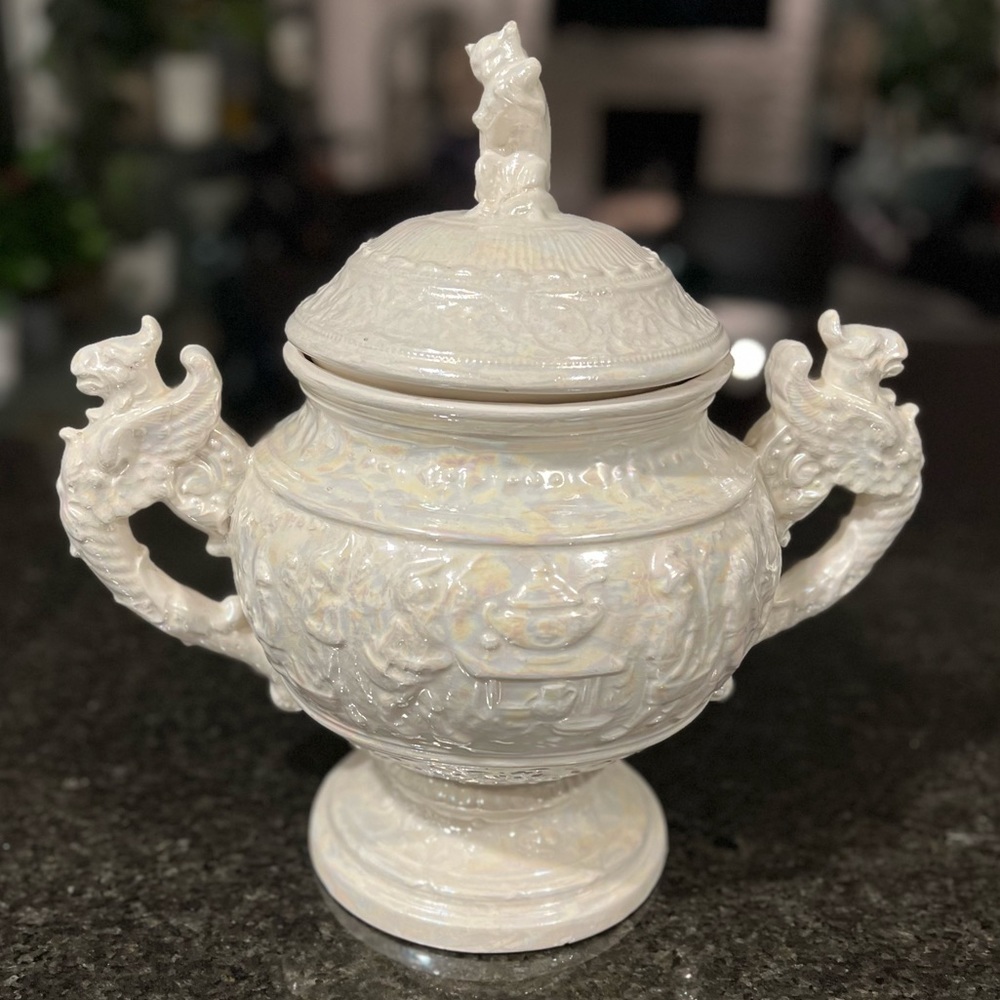 Victorian Style Urn Punch Bowl White Porcelain Griffin Handles Gnomes Detailed